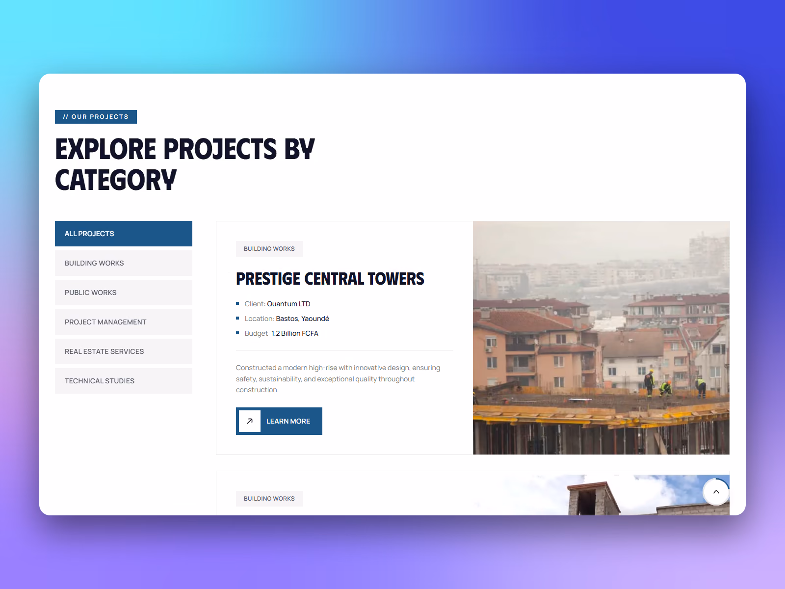 Projects page with category filters and a featured building project