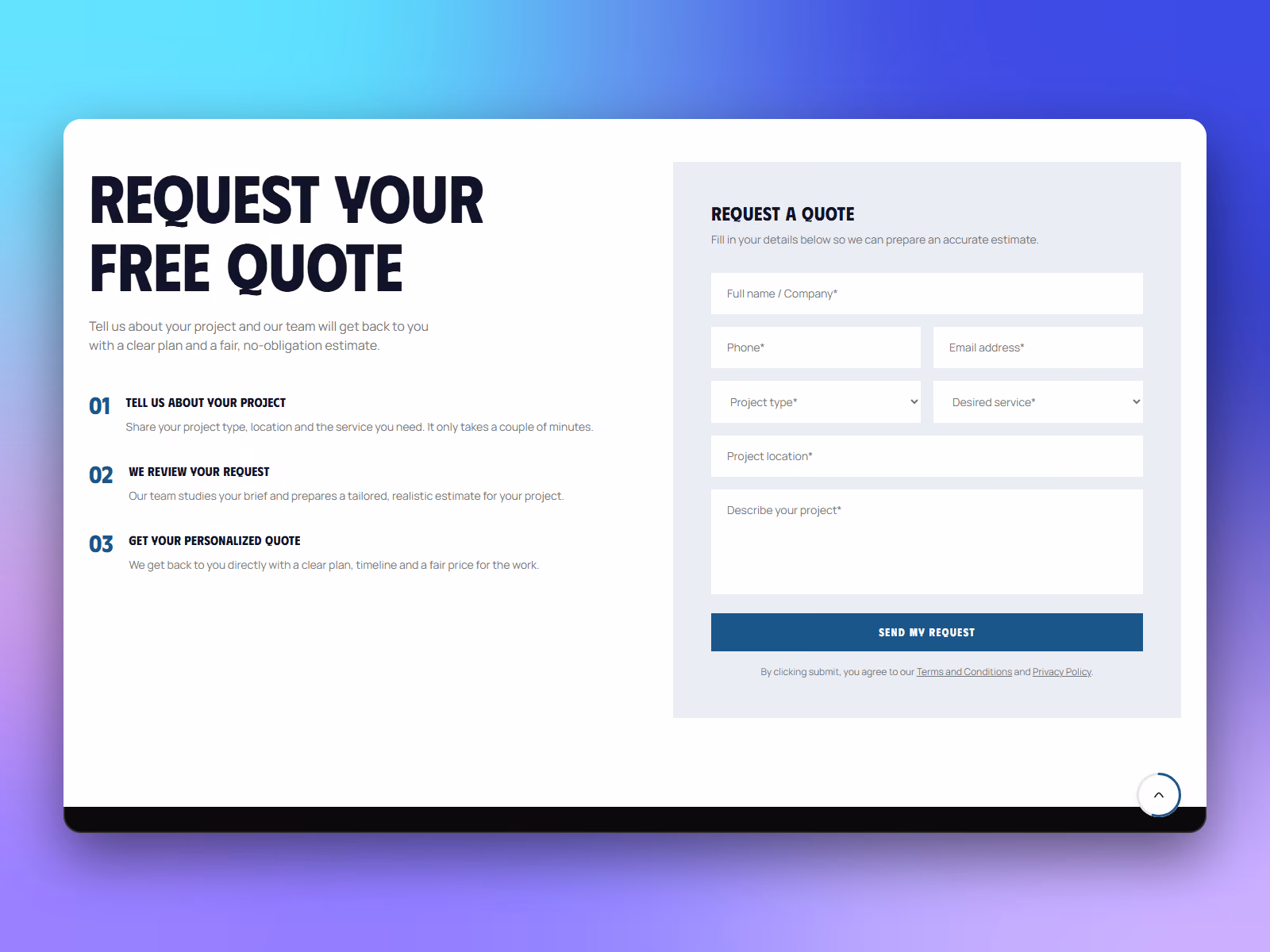 Quote request page with a three-step explanation and a form