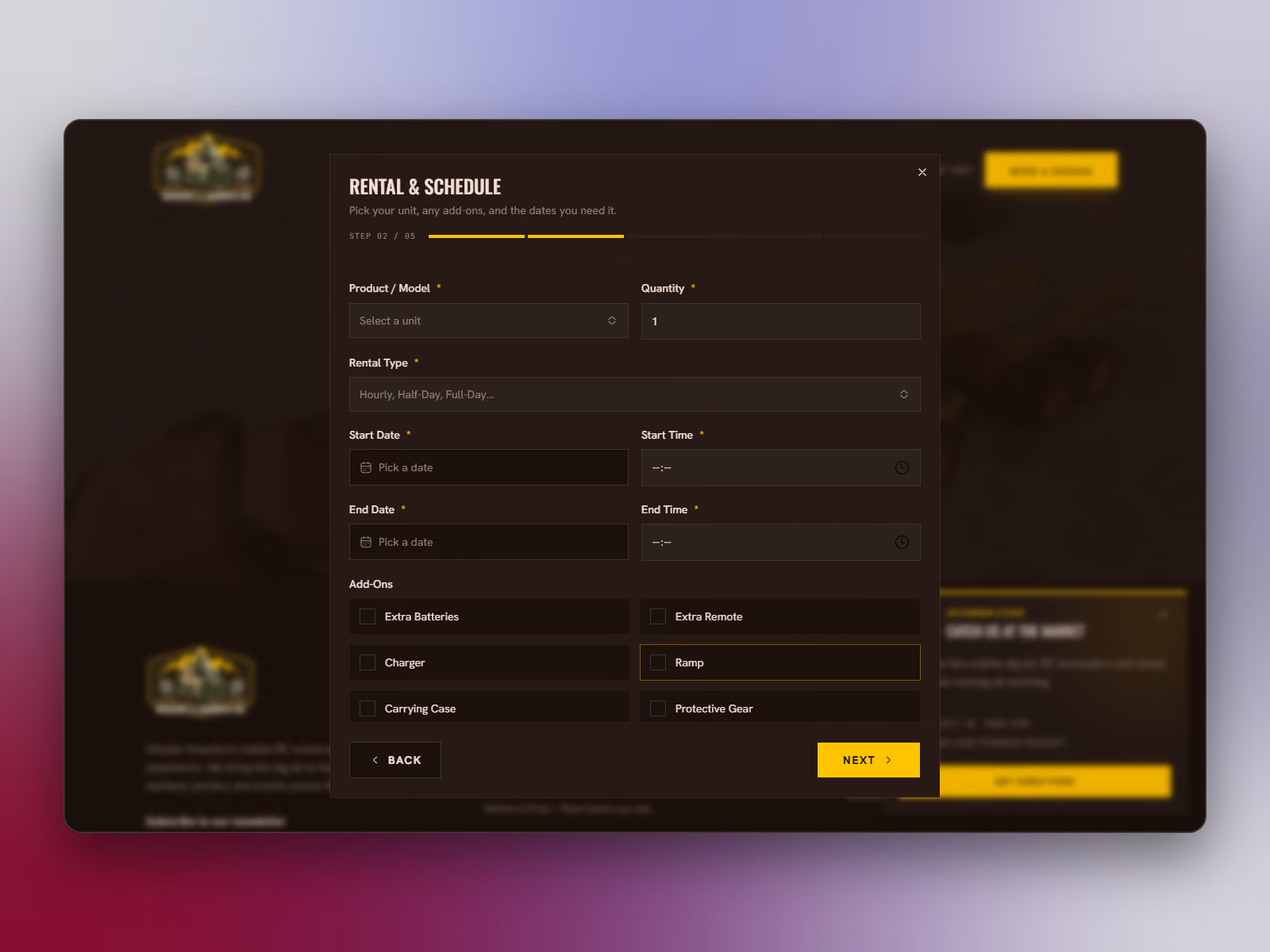 Reservation form, step 2: unit, rental type, dates and add-ons