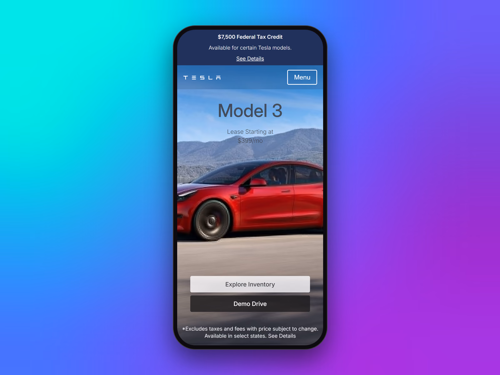 Tesla clone landing page on a phone