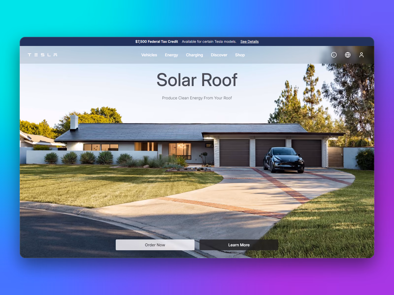 Full-screen Solar Roof section with Order Now and Learn More buttons