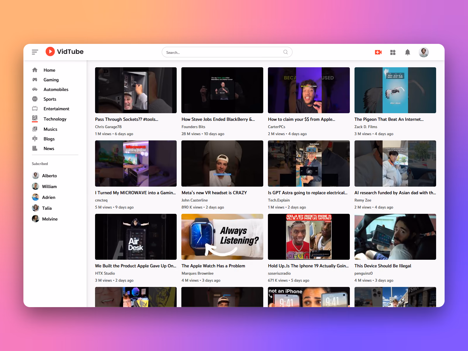 Video grid filtered by the Technology category, with the sidebar