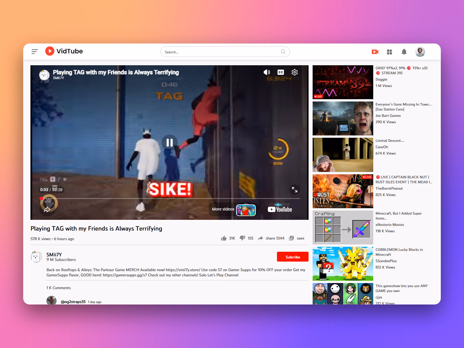 Video watch page with the player, like and share actions, channel details and recommended videos